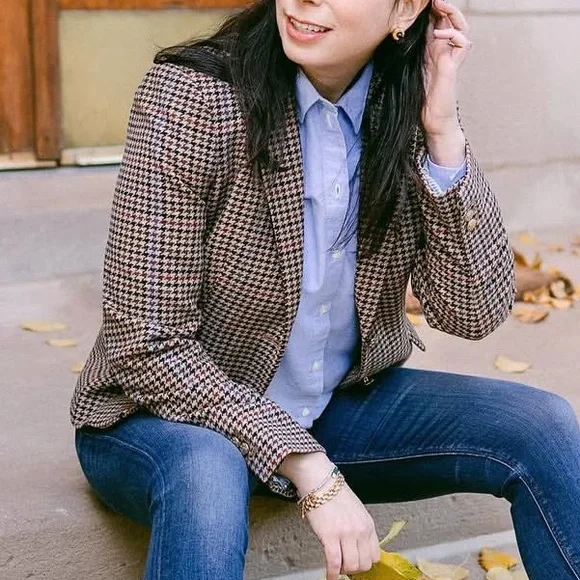 J. Crew Brown Houndstooth Tailored Blazer with Gold Buttons - Picture 2 of 9